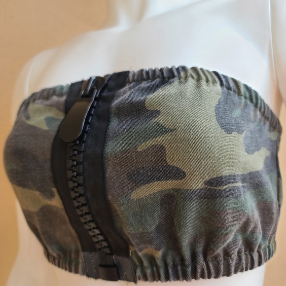 Fashion Nova Camo Oversized Zipper Front Tube Top XS Crop Denim Cotton - Picture 6 of 14
